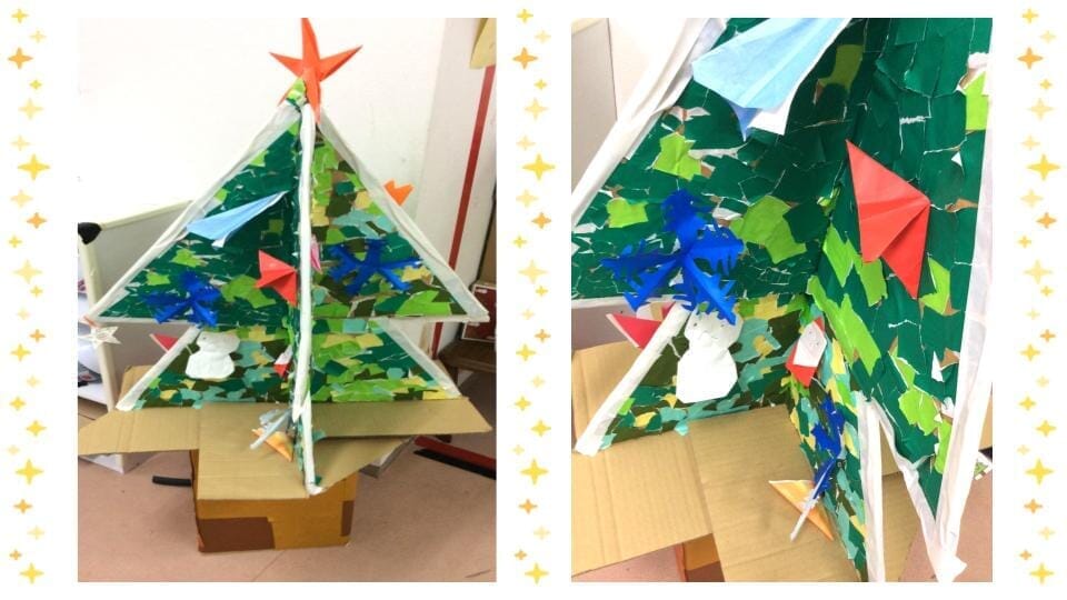 豊洲教室で児童が制作した紙のクリスマスツリー